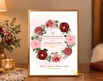 Personalised Sikh Wedding Gift | Punjabi Gurbani Pankti Wedding Art | Couple Names | Floral Wedding Keepsake | Digital Download
