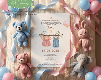 Sikh Twin Baby Announcement | Boy & Girl Twins Birth Card | Punjabi Newborn Twins | Canva Template