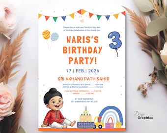 Akhand Path Sahib Invitation: Baby Boy 3rd Birthday Sikh Invite (5x7 Digital Download Template)