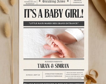 Sikh Baby Girl Birth Announcement | The Kaur Chronicle Newspaper Style | Little Kaur Arrival | Gurbani Pankti | Editable Template | Digital
