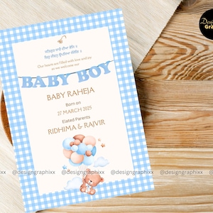 Anuncio de nacimiento de bebé sij con cuadros azules, anuncio de nacimiento de bebé varón, anuncio de nacimiento, anuncio de nacimiento de osito de peluche, bebé varón, bebé bienvenido