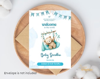 Sikh Baby Boy Birth Announcement featuring Blue Bear on the Swing E-Card