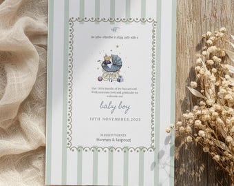 Baby Announcement in Sage Green | Minimal Print with Blue Craddle