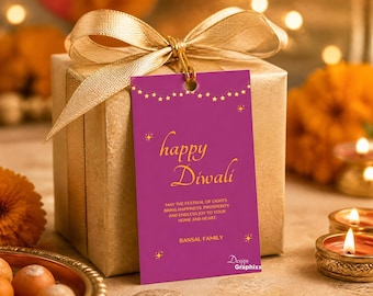 May include: A gold gift box topped with a gold ribbon and a rectangular purple tag. The tag features yellow star string lights, the text "happy Diwali", a greeting, "BANSAL FAMILY", and "Design Graphixx" in yellow font.