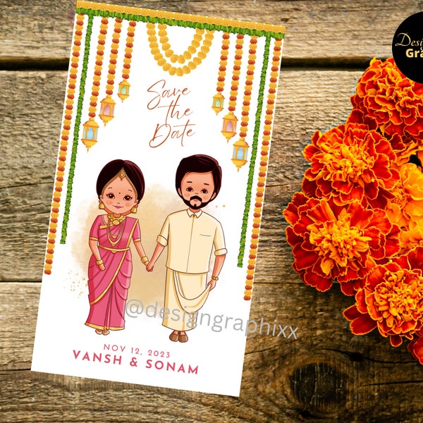 Save The Date - Tamil wedding template | South Indian Couple Illustration | Digital Invite | South Asian Tamil Hindu Indian Wedding
