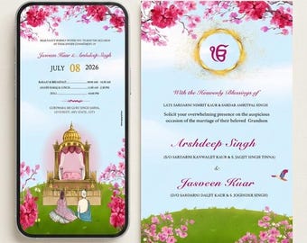 Digital Sikh Wedding Invitation, Anand Karaj Invites with a Couple illustration