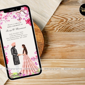 Carte de fiançailles dynamique de Digital Roka | Illustration personnalisée de couple | Mariage hindou sikh punjabi