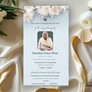Sikh First Barsi Ceremony Invitation | Customizable Digital Funeral Invite | Memorial Service Program