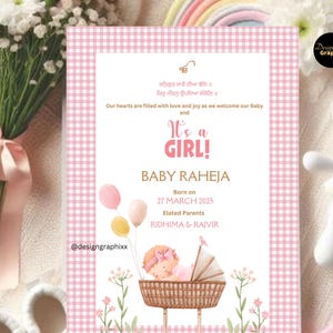 C'est une fille sikh | Faire-part de naissance bébé | Téléchargement numérique | Faire-part de naissance rose |  Petite fille | Bienvenue bébé