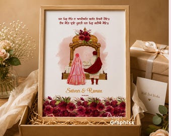 Sikh Anand Karaj Illustration | Personalised Wedding Gift |  Maroon Punjabi Couple Portrait | Gurbani Pankti Print | Custom Digital Download