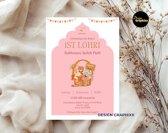 Sukhmani Sahib Girl’s Lohri Invitation | Personalized Punjabi Lohri Card