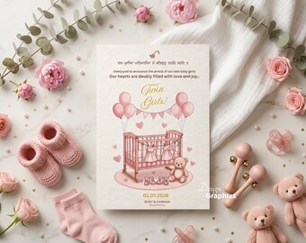 Punjabi Twin Girls Birth Announcement | Sikh Newborn Twin Baby Girl Card | Editable Canva Template