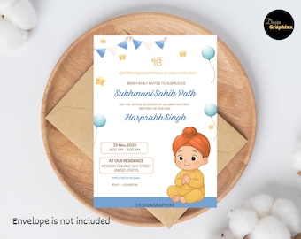 Boy 1st Birthday Sukhmani Sahib Path Invitation (Editable Template)