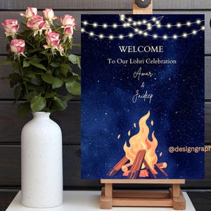 Première plaque de bienvenue Lohri | Panneau Lohri imprimable Bonfire dégradé bleu | Décoration Lohri | Fichier numérique