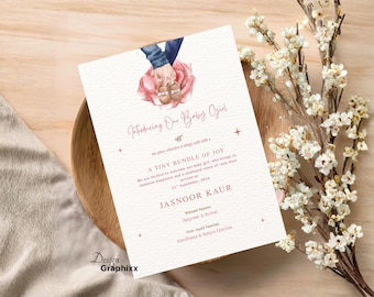 Sikh Baby Girl Arrival Announcement | Punjabi Newborn Baby  Girl Card | Gurbani Pankti Birth Announcement | Editable Canva Template