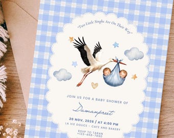 Sikh Twin Baby Boys Shower Invitation | Stork Twin Boys Invite | Punjabi Twin Singh Baby Shower | Gurbani Pankti | Editable Template