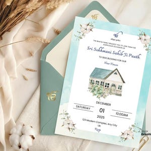 May include: An invitation card with a light blue watercolor background and floral accents. The text reads "Sri Sukhmani Sahib Ji Paath" and includes the date, time, and address for a house blessing ceremony. The invitation is placed inside a matching envelope.