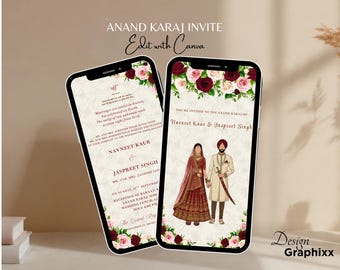 Sikh Wedding Invitation Template Editable Canva | Anand Karaj Invite | Digital Invite | Instant Download