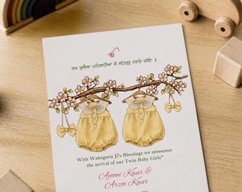Sikh Twin Girls Birth Announcement | Punjabi Newborn Twin Baby Girl Card | Editable Canva Template Instant Download