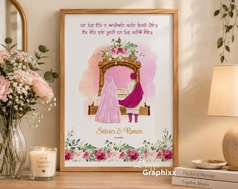 Sikh Personalised Wedding Gift | Anand Karaj Sikh Couple illustration | Gurbani Pankti Print | Punjabi | Custom Digital