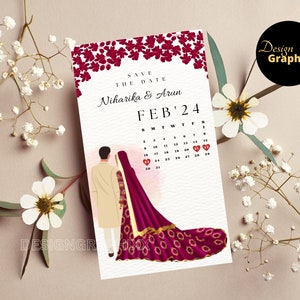 Digitale Save the Date-aankondiging | Koppelillustratie | Indiase Punjabi hindoe-moslim huwelijksuitnodiging | Digitaal bestand