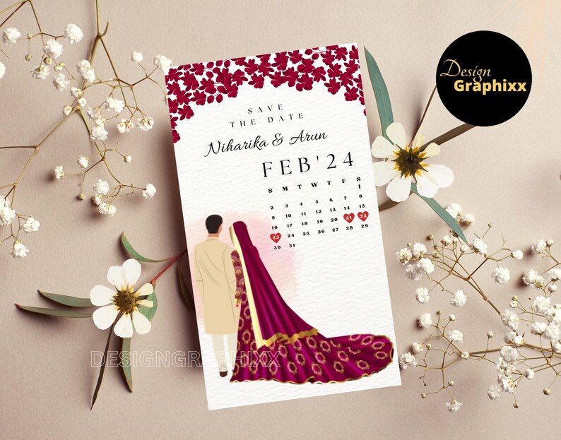 Digital Save the Date Announcement Couple Illustration Indian Punjabi