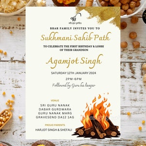 Sukhmani Sahib Paath Lohri and Birthday Invitation | First Birthday and First Lohri Invite | Editable | Sikh Invites | Digital Invitation