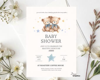 Sikh Twin Baby Boys Shower Invitation | Punjabi Baby Shower Invite | Teddy Bear Twin Boys | Gurbani Pankti | Editable Canva Template