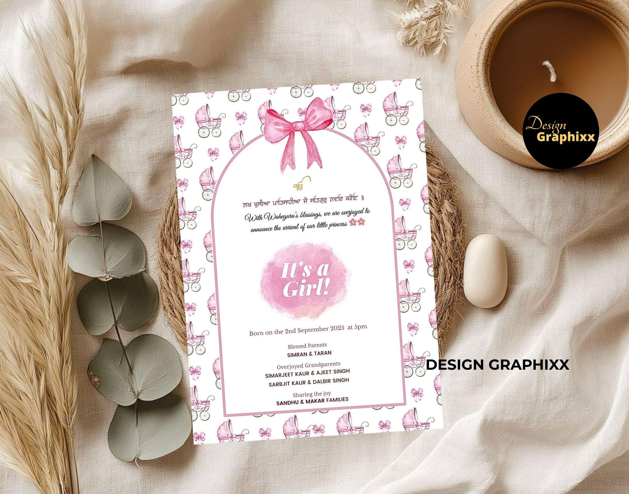 Pink Sikh Baby Girl Announcement: Editable Digital Invitation (5x7