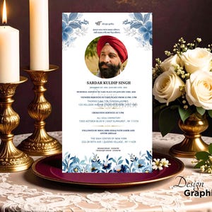 May include: A memorial service announcement featuring a portrait of Sardar Kuldip Singh, framed by blue floral designs. The announcement includes details about memorial and viewing services, and cremation information. Two lit candles in gold candle holders flank the announcement.