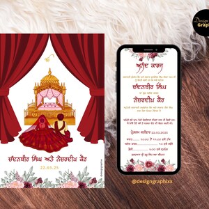 Convite Anand Karaj em Punjabi | Cartão de convite elegante para casamento Sikh | Convite para casamento Punjabi | Convite digital para casamento Sikh