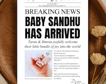Sikh Baby Boy Birth Announcement | The Singh Times Newspaper Style | Little Singh Has Arrived | Gurbani Pankti | Editable Canva | Digital