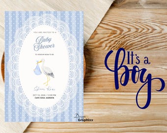 Sikh Baby Boy Shower Invitation | Stork Baby Boy Invite | Punjabi Baby Shower Card | Gurbani Pankti | Editable Canva Template | Digital