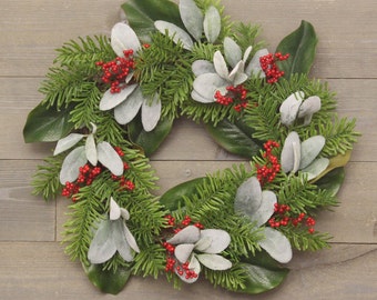 Lambs Ear, Magnolia, Noble Fir and Red Berries Farmhouse Country Wreath