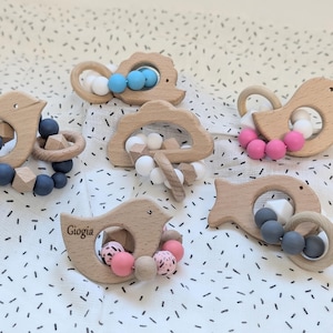 Personalized wooden baby rattle, musical rattle, birth gift idea, personalized birth box with first name, baptism gift, Easter, Christmas.