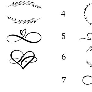 Op de afbeelding: Een set van zeven verschillende ontwerp-elementen voor een bruiloft of verloving. De ontwerpen omvatten kransen, oneindigheidssymbolen en harten. De ontwerpen zijn zwart en wit.