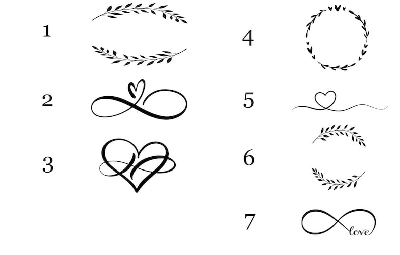 Op de afbeelding: Een set van zeven verschillende ontwerp-elementen voor een bruiloft of verloving. De ontwerpen omvatten kransen, oneindigheidssymbolen en harten. De ontwerpen zijn zwart en wit.