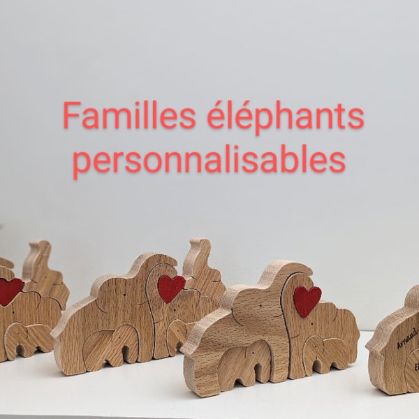 Puzzle familial en bois personnalisé famille éléphants, décoration personnalisée, cadeau pour les parents, cadeau famille personnalisé
