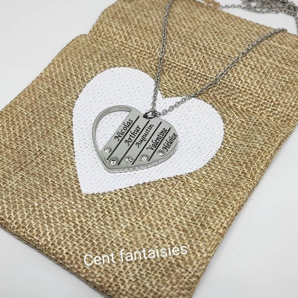 Collier personnalisé, gravé, prénoms, gravure laser, jusqu’à 5 prénoms, bijoux personnalisé forme coeur, cadeau fêtes des mères, st Valentin