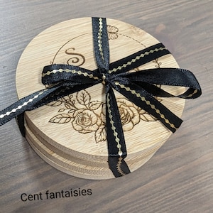 Sous verres dessous de verres bambou personnalisés ronds carrés initiales texte cadeau homme femme crémaillére anniversaire