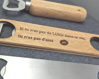 Personalized gift for men: bottle opener with engraving, metal and wood, beer bottle opener, corporate gift, guest gift