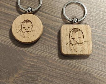 customizable wooden key ring photo engraving first name message Christmas gift idea
