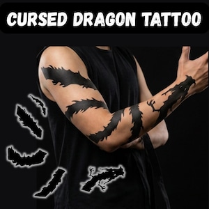 May include: A set of black temporary tattoos featuring a long, winding dragon design that wraps around an arm, accompanied by several smaller, separate dragon-themed segments. The text CURSED DRAGON TATTOO is displayed at the top of the image.