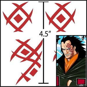 May include: Three red and white tattoo designs with a geometric pattern. The designs are 4.5 inches tall. A character from a manga series with a similar tattoo design is shown in the image.