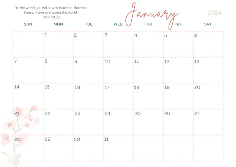 2024 Calendar Pink Flower Calendar 2024 Girly Calendar Christian Themed
