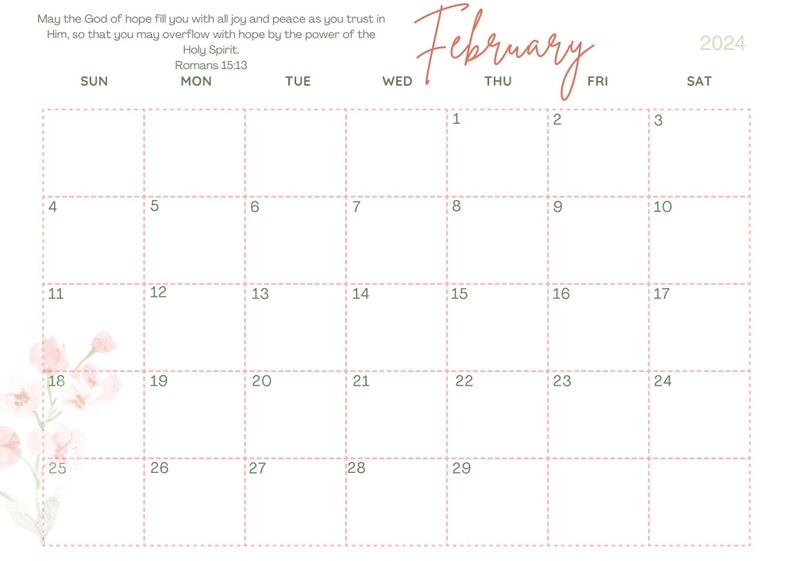 2024 Calendar Pink Flower Calendar 2024 Girly Calendar Christian Themed