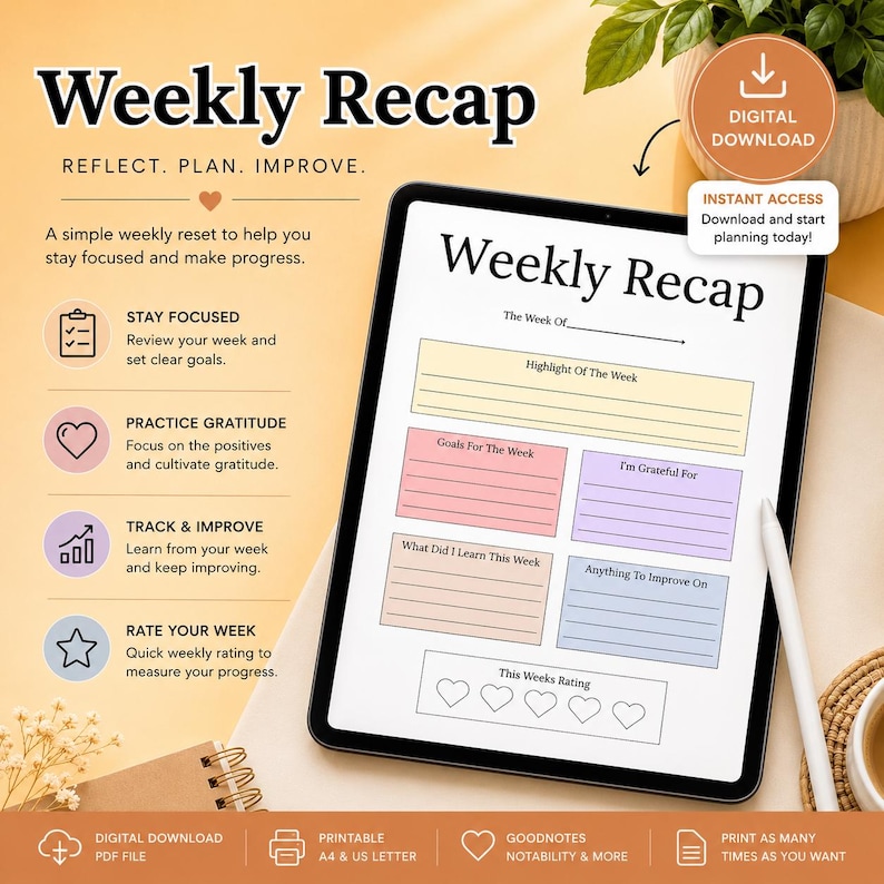 Week One Recap Example Weekly Recap Planner Sheet | A4, Color & BW (digital Download) - Etsy