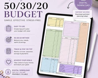 50/30/20 Budget Planner | Monthly Financial Planning PDF (Instant Download)