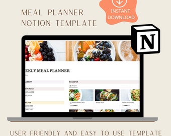 Notion Meal Plan Template | Notion Digital Meal Dashboard | Notion Recipe | Grocery & Ingredient List | Meal Prep | Food Journal