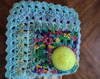 Handmade Crochet Dishcloth with Built-In Scrubbie, Dual-Sided Kitchen Scrubber Cloth